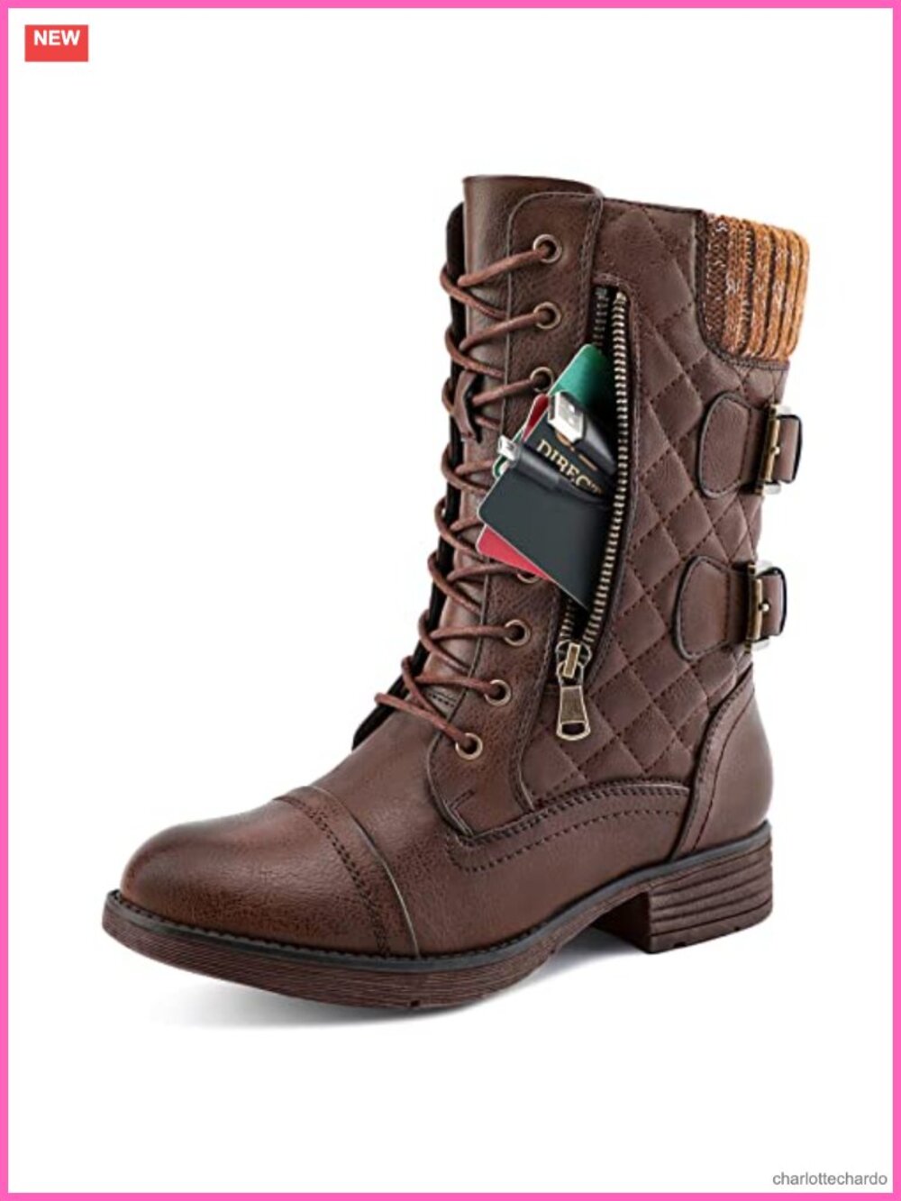 Mid-Calf Combat Boots Vegan Faux Leather Winter Snow Boots Side Zip